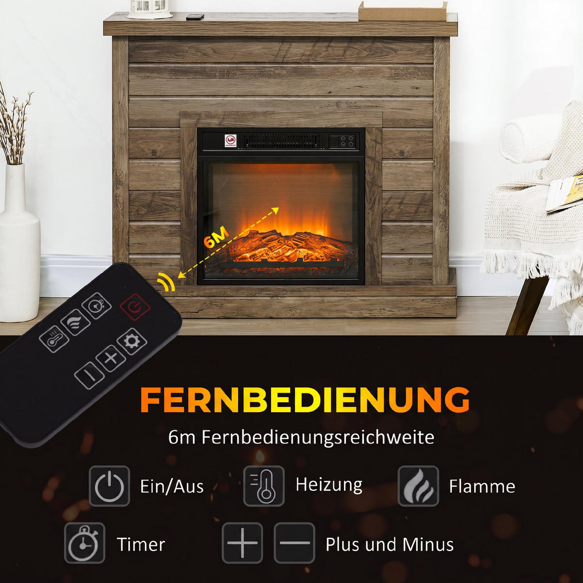 ELEKTROKAMIN Spanplatte Metall Naturholz - Naturfarben, Metall (22/81.7/96.5cm) - HOMCOM