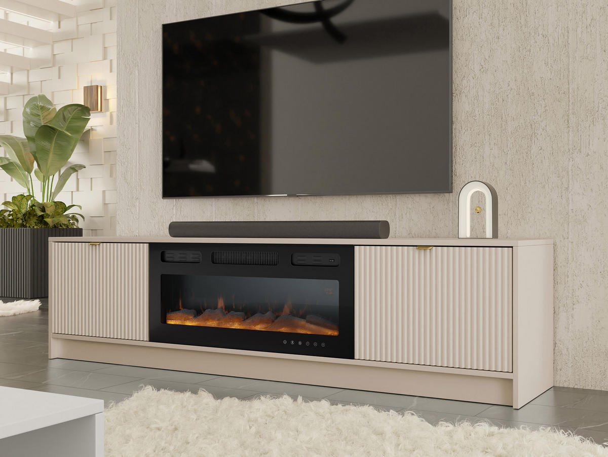 TV-LOWBOARD Tireno EF mit Elektrische Kamin - Sandfarben/Goldfarben, Holzwerkstoff/Metall (182/48/40cm) - MIRJAN24