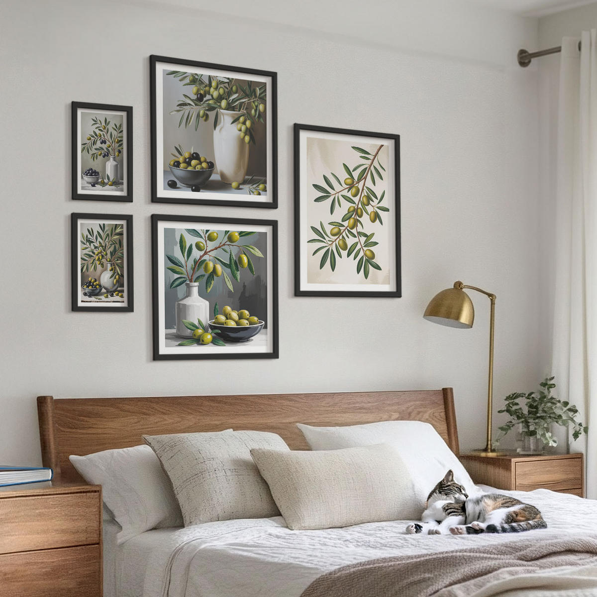 WANDBILDER 5er-Set - 50x50 cm & 20x30 cm & 40x60 cm Schwarzer Rahmen - Oliven in grauen Vasen - Schwarz, Kunststoff (40/60cm) - ArtPrintCave