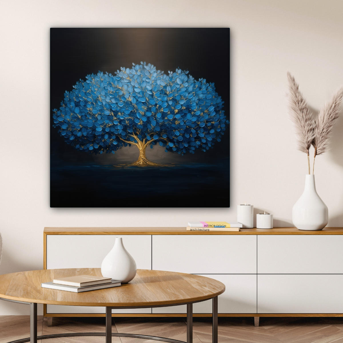 LEINWANDBILD Baum - Blau - Blätter - Pinselstriche Deko Groß 90x90 cm - Blau, Textil (90/90cm) - MuchoWow