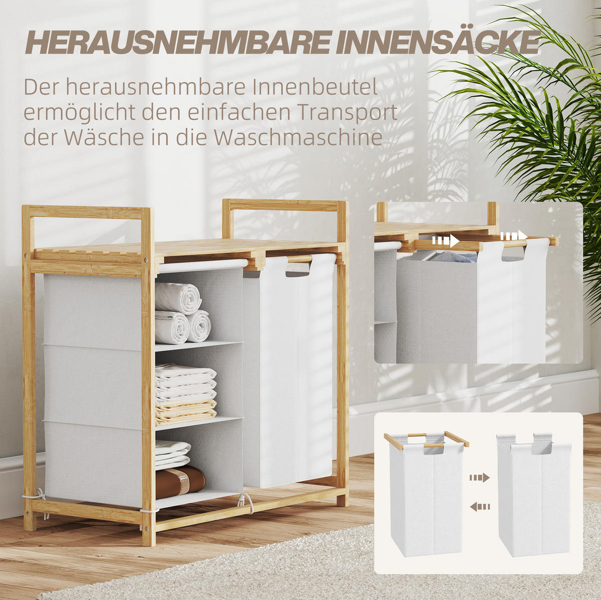 WÄSCHESAMMLER mit 2 ausziehbaren Behältern 70 x 36 x 70 cm Bambus Weiß - Weiß, Holzwerkstoff (36/70/70cm) - Beauniv