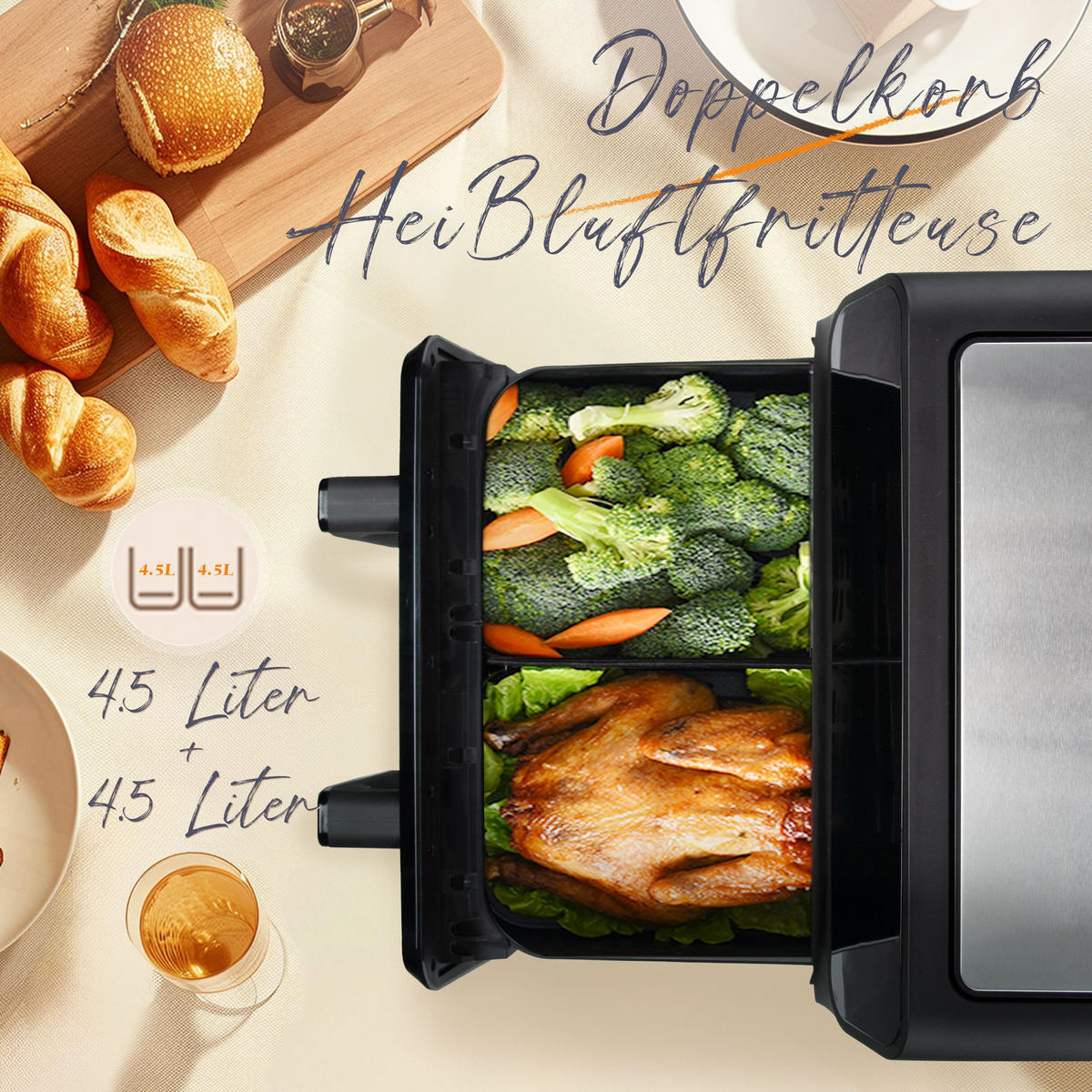 HEISSLUFTFRITTEUSE Doppelkammer 9L 10-in-1 flexibler XXL-Modus - Silberfarben, Metall (35/32/26cm)