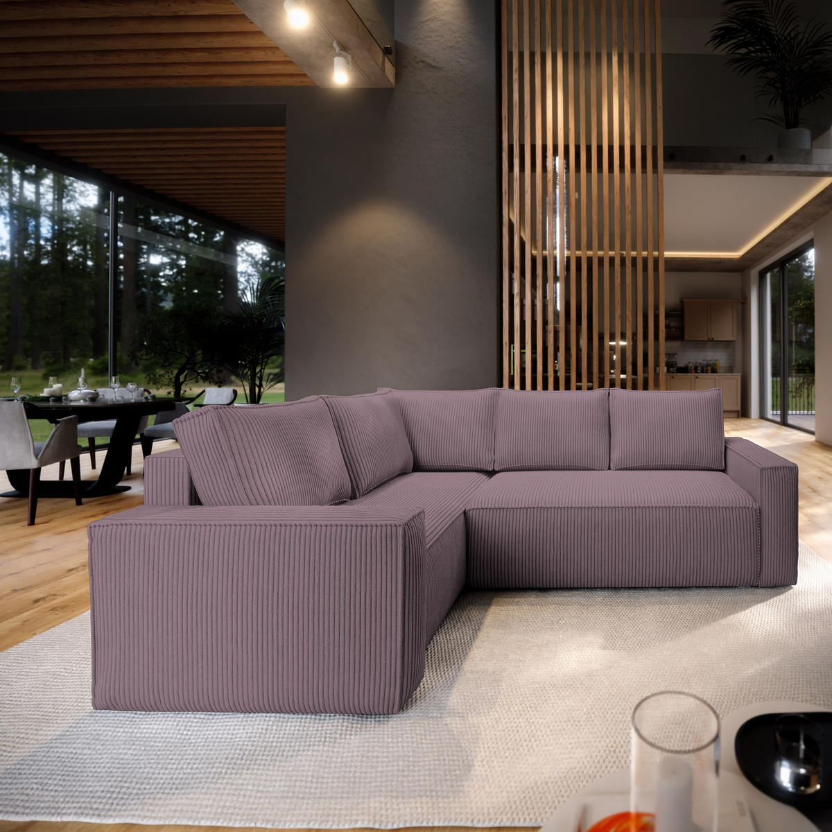 ROHOVÁ SEDAČKA ESTANO fialová - šedá/fialová, dřevo/textil (230/158cm) - MASSENO