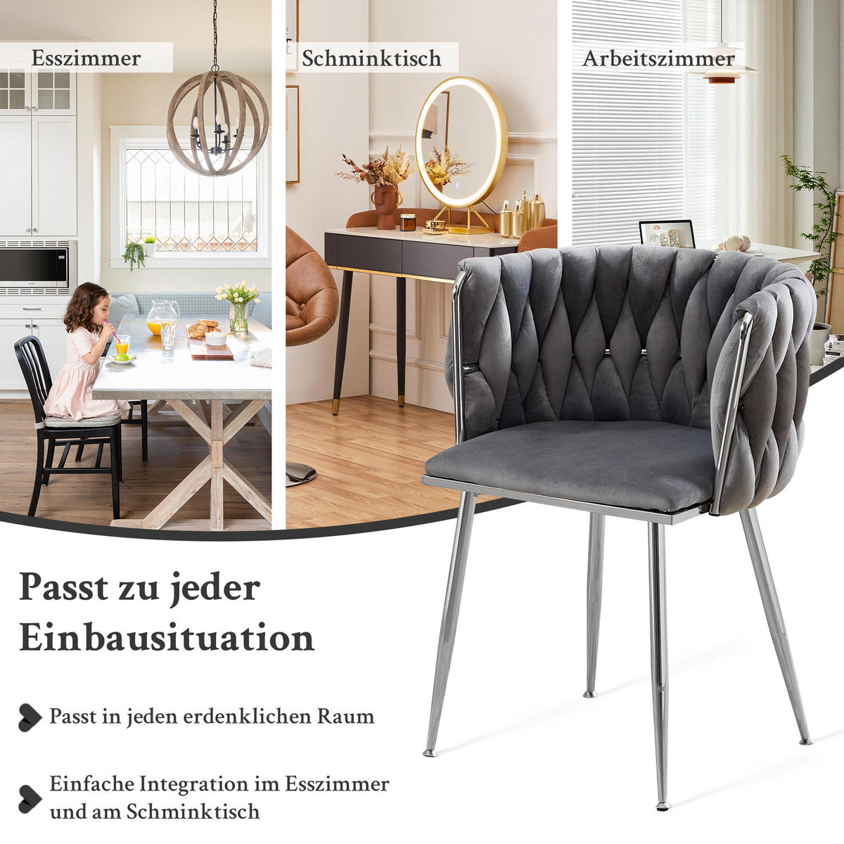 ARMLEHNSTUHL-SET DE-36443 2 Stück mit Samtbezug und Web-Design Grau - Grau, Metall (48/75/55cm) - ComfortXL