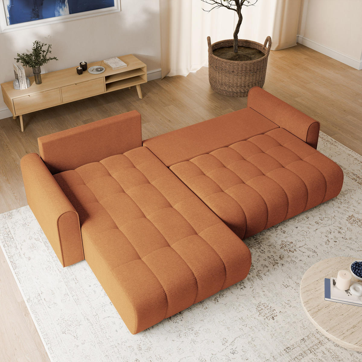 ECKSOFA FRIGA Orange Strukturstoff mit Schlaffunktion - Orange, Holz (283/185cm) - MASSENO