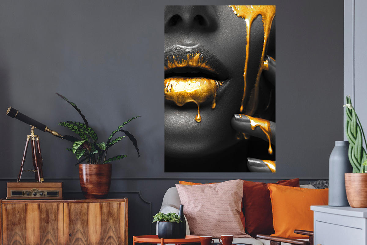 WANDTATTOO Frau - Schwarz - Gold - Gesicht - Lippen 80x120 cm - Goldfarben, Kunststoff (80/120/0.1cm) - MuchoWow