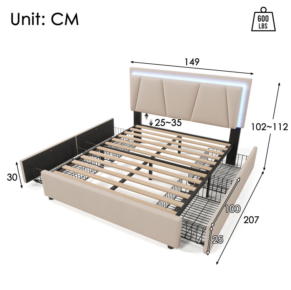POLSTERBETT 140/200 cm mit LED-Beleuchtung und 4 Schubladen, Kopfteil höhenverstellbar - Beige, Holz (140/200cm) - BEAOK