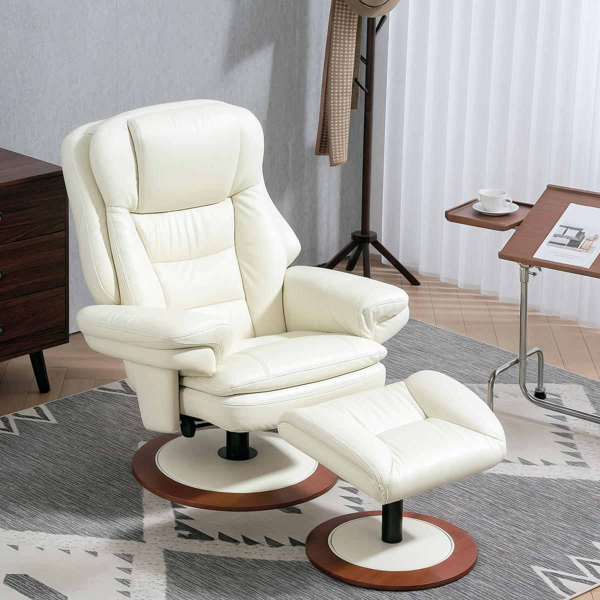 RELAXSESSEL mit Hocker, Liegesessel bis 150 kg, Cremeweiß - Beige, Leder (98/104/94cm) - HOMCOM