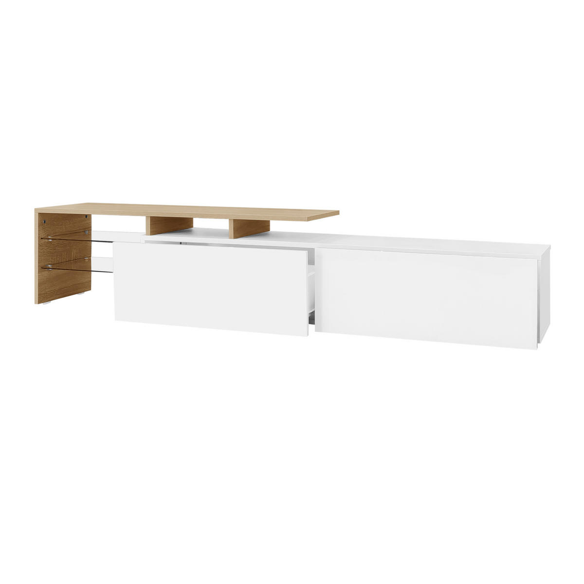 TV-SCHRANK 170/33/33,5 cm Hochglanzweiß Holzoptik mit LED-Beleuchtung und Glasböden - Weiß, Holzwerkstoff (170/33.5/33cm) - OKWISH