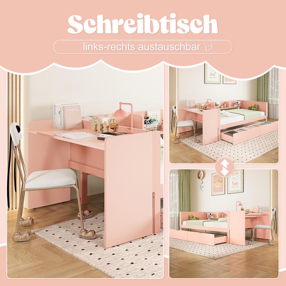 JUGENDBETT 90/200 cm in Rosa mit 2 Schubladen, Schreibtisch und Regal - Rosa, Holz/Holzwerkstoff (90/200cm) - WISHDOR