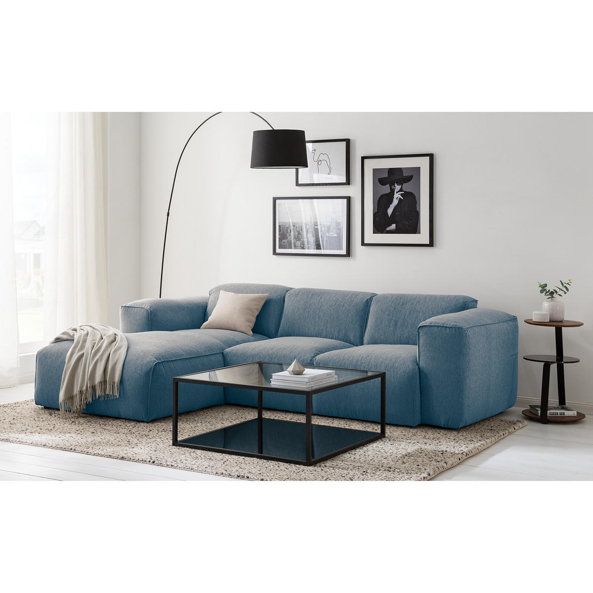 3-SITZER ECKSOFA mit Longchair - Blaugrau/Schwarz, Kunststoff/Textil (251/173cm) - home24