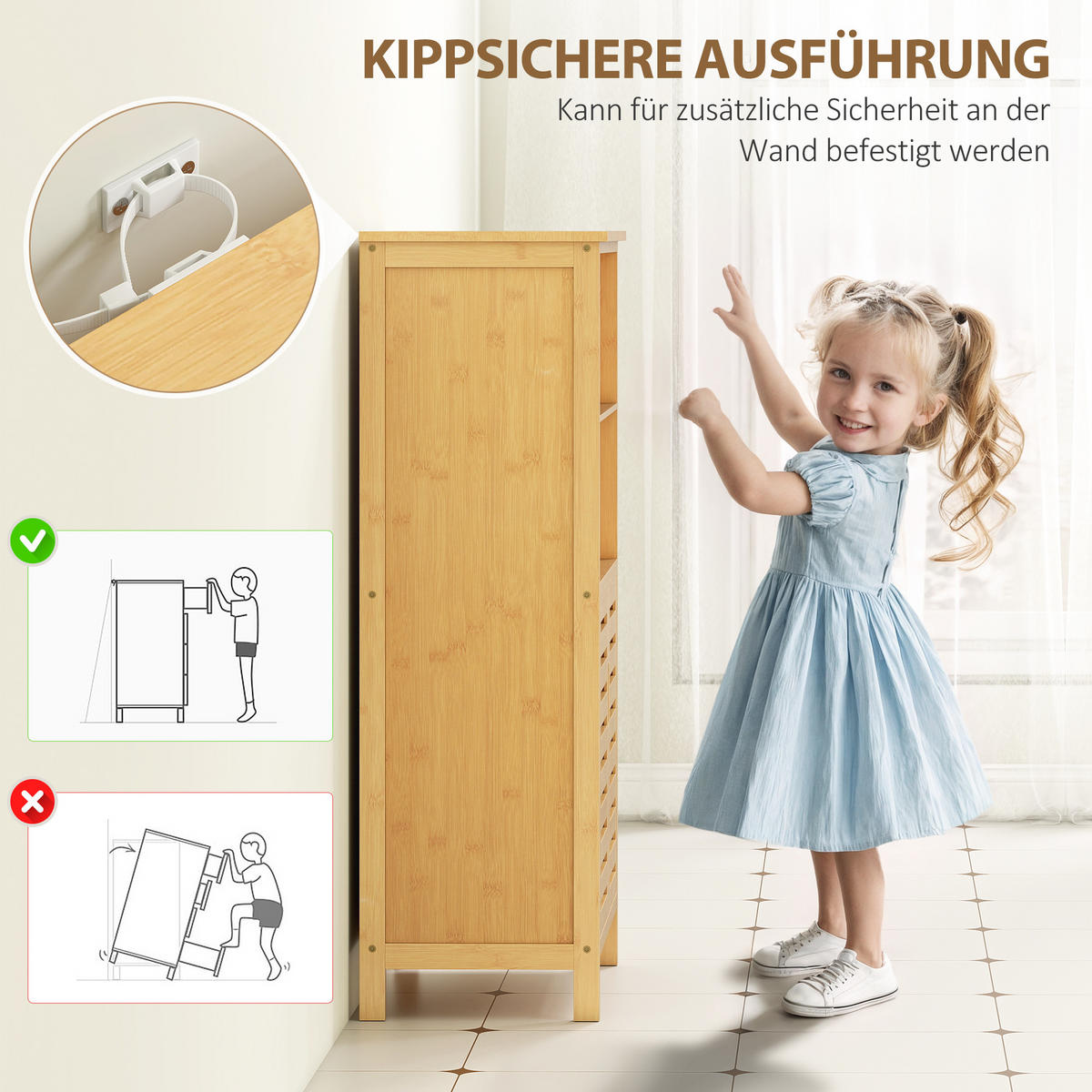 BADEZIMMERSCHRANK, Unterschrank aus Bambus, Badschrank mit Türen, Naturholz - Naturfarben, Holz (29/92/50cm) - Kleankin