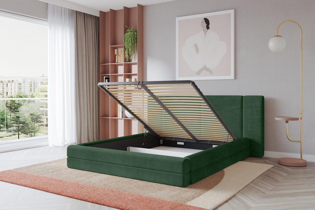 POLSTERBETT mit Bettkasten und Lattenrost, Bett mit Matratze H3/H4 - TEVO 160x200 Grün - Grün, Holzwerkstoff/Textil (160/200cm) - ALTDECOR