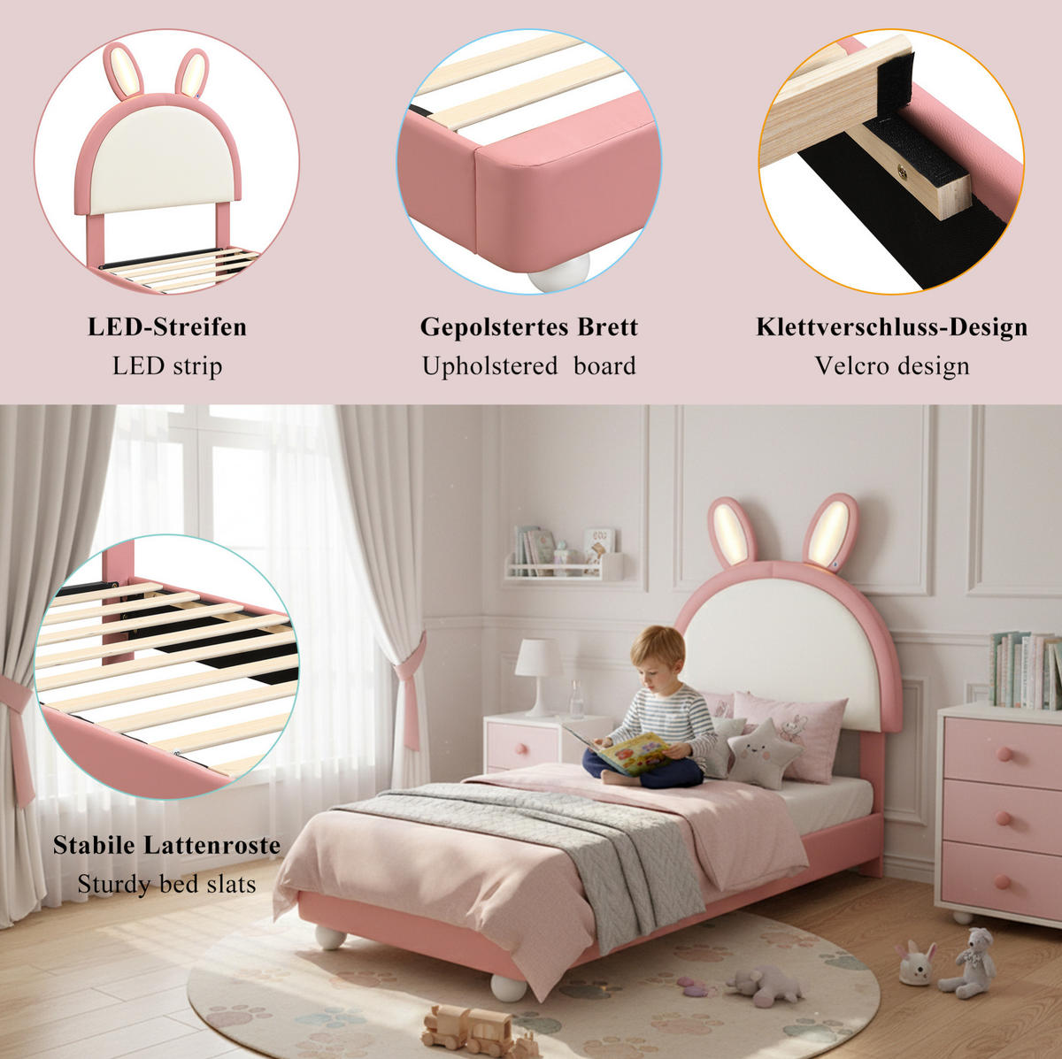 KINDERBETT 90/200 cm mit Hasen-Kopfteil und LED-Lichtleiste in Rosa/Weiß - Weiß, Kunststoff (90/200cm) - BEAOK