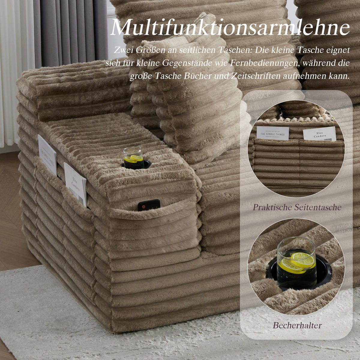SCHLAFSOFA 273/98/87 cm Khaki mit beidseitigen Taschen und Getränkehaltern - Sandfarben, Textil (107.48/34.25/38.58cm) - Oxeza