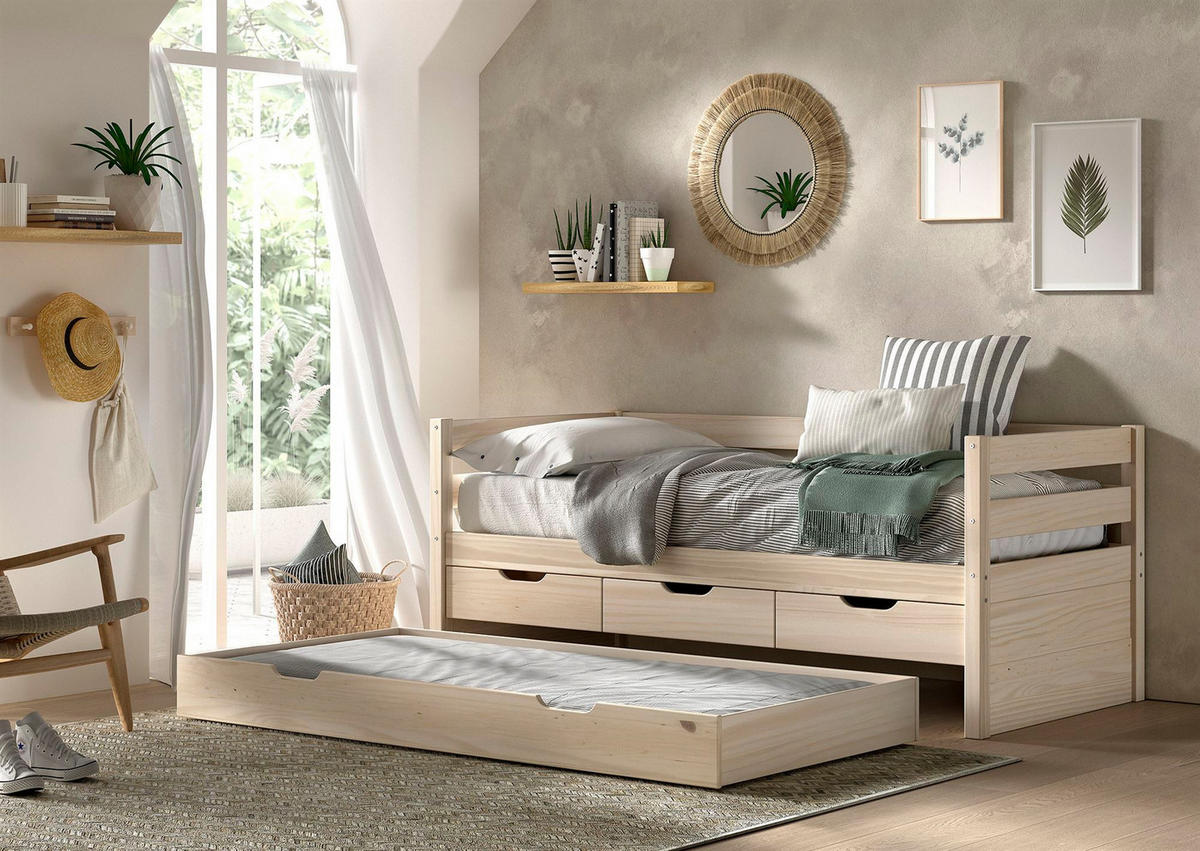 KOJENBETT Kelda 90x200 mit Bettschublade Kiefer Massivholz Milky Pine - Weiß, Holz (90/200cm) - 58aufmkessel