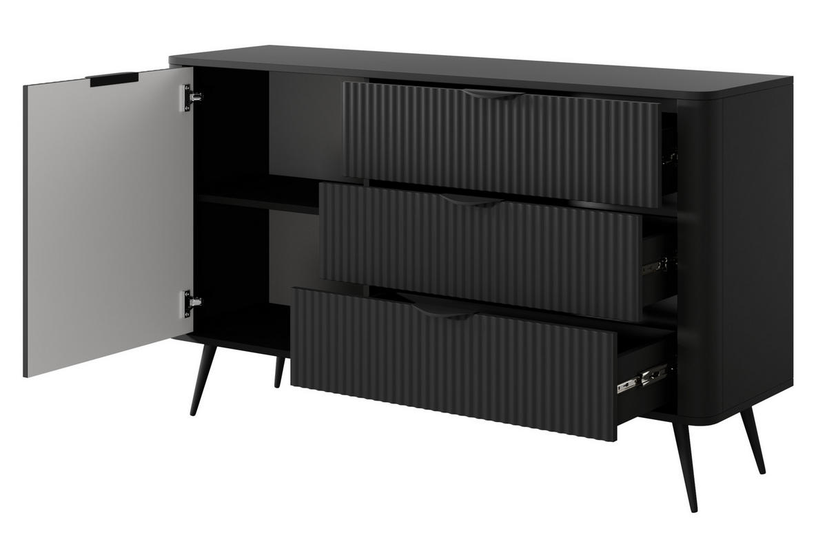SIDEBOARD Vespasia 1T 3S Schwarz 138,2/81,2/38 cm – Geriffelten Fronten - Schwarz, Holzwerkstoff/Metall (138.2/81.2/38cm) - AX Living
