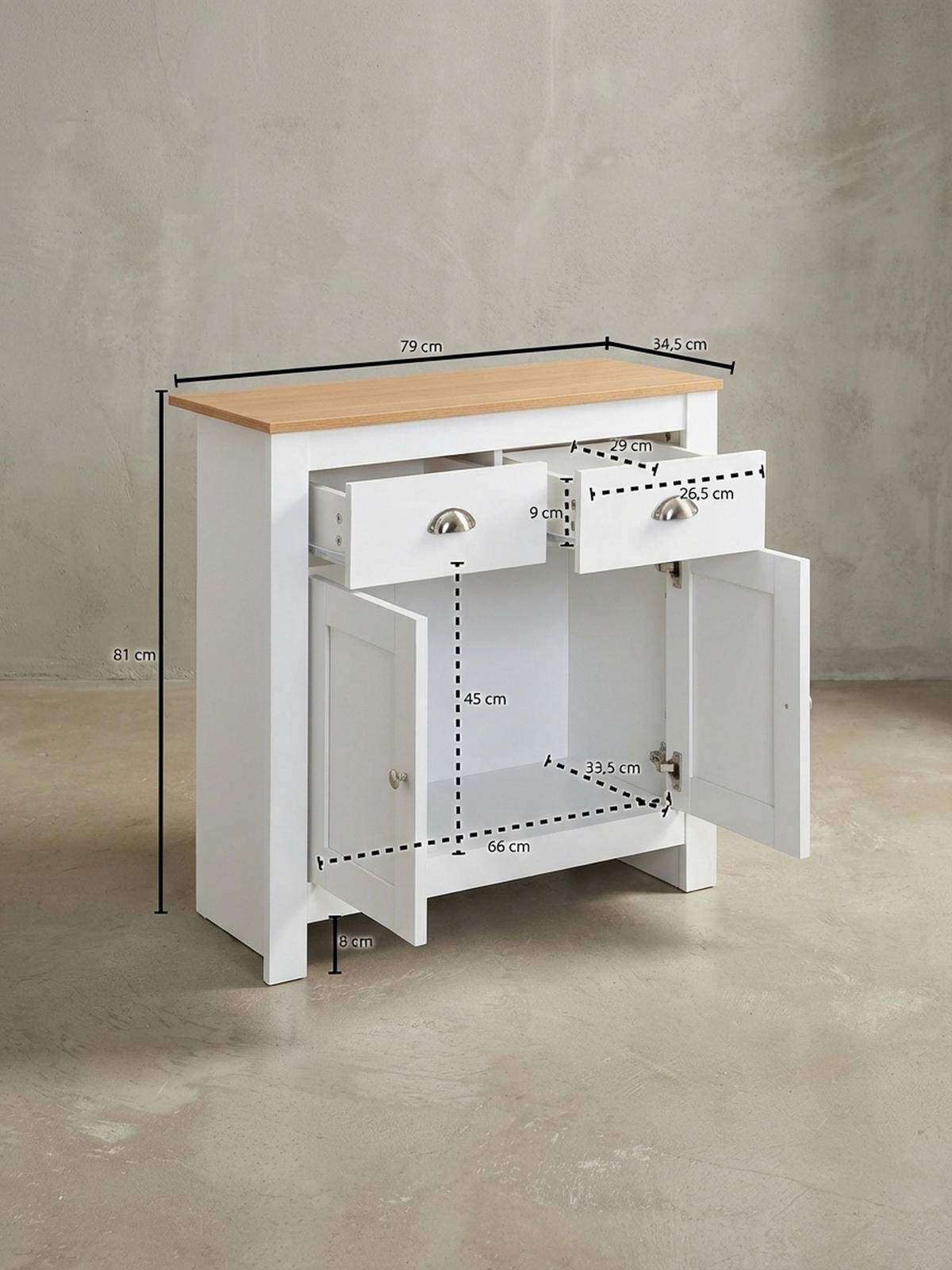 SIDEBOARD – Eiche/Weiß, 2 Schubladen, melaminbeschichtet, modern - Weiß, Holz/Metall (79/81/35cm) - KADIMA DESIGN