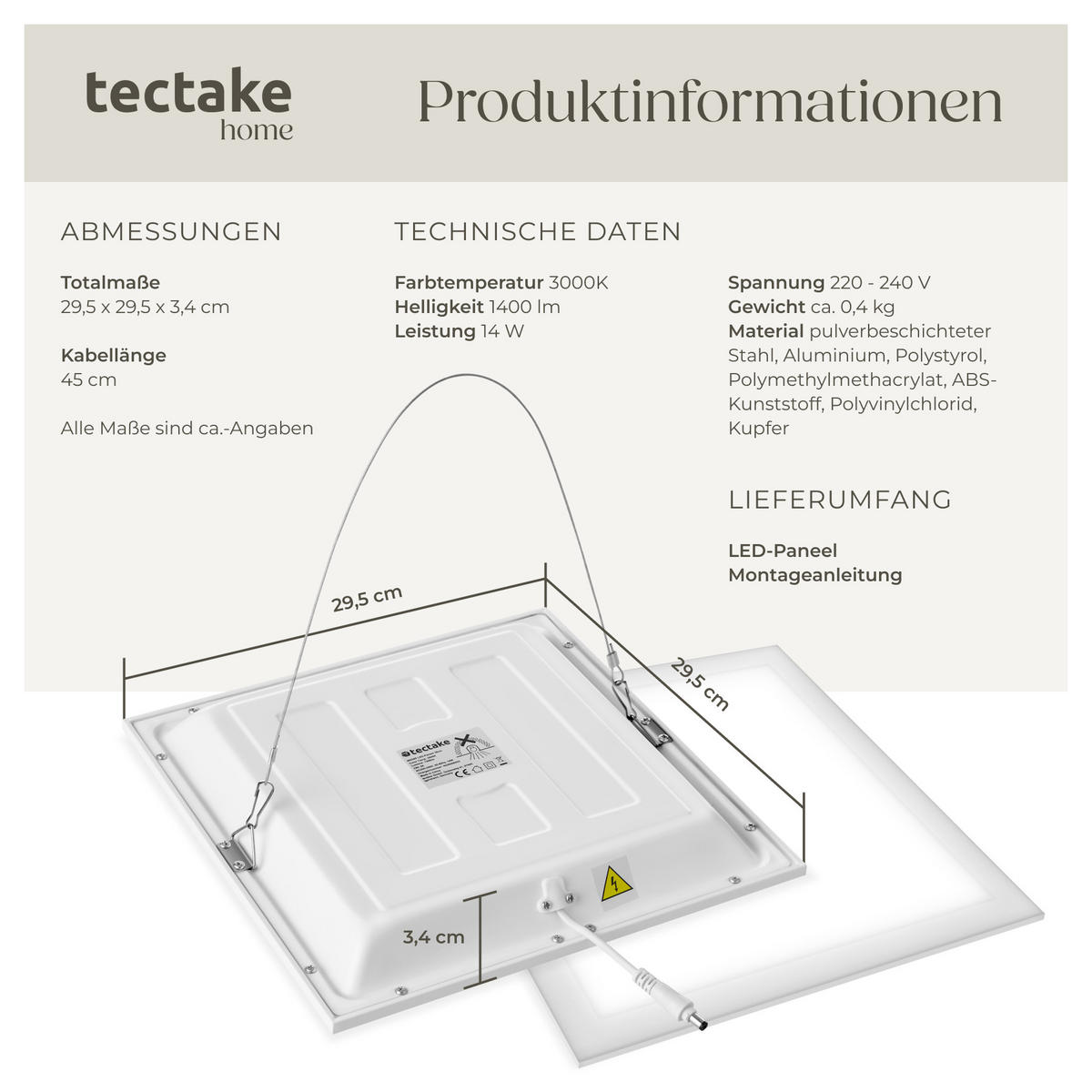 LED-PANEEL Lucerna,vielseitige Einsatzmöglichkeiten,weiß - Weiß, Textil (29.5/29.5/3.4cm) - tectake