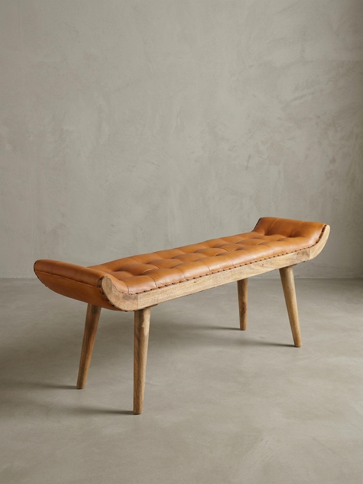 SITZBANK Massivholz Chesterfield Muster, Braun 125x38x50 cm - Braun, Mangoholz/Leder (125/50/38cm) - KADIMA DESIGN