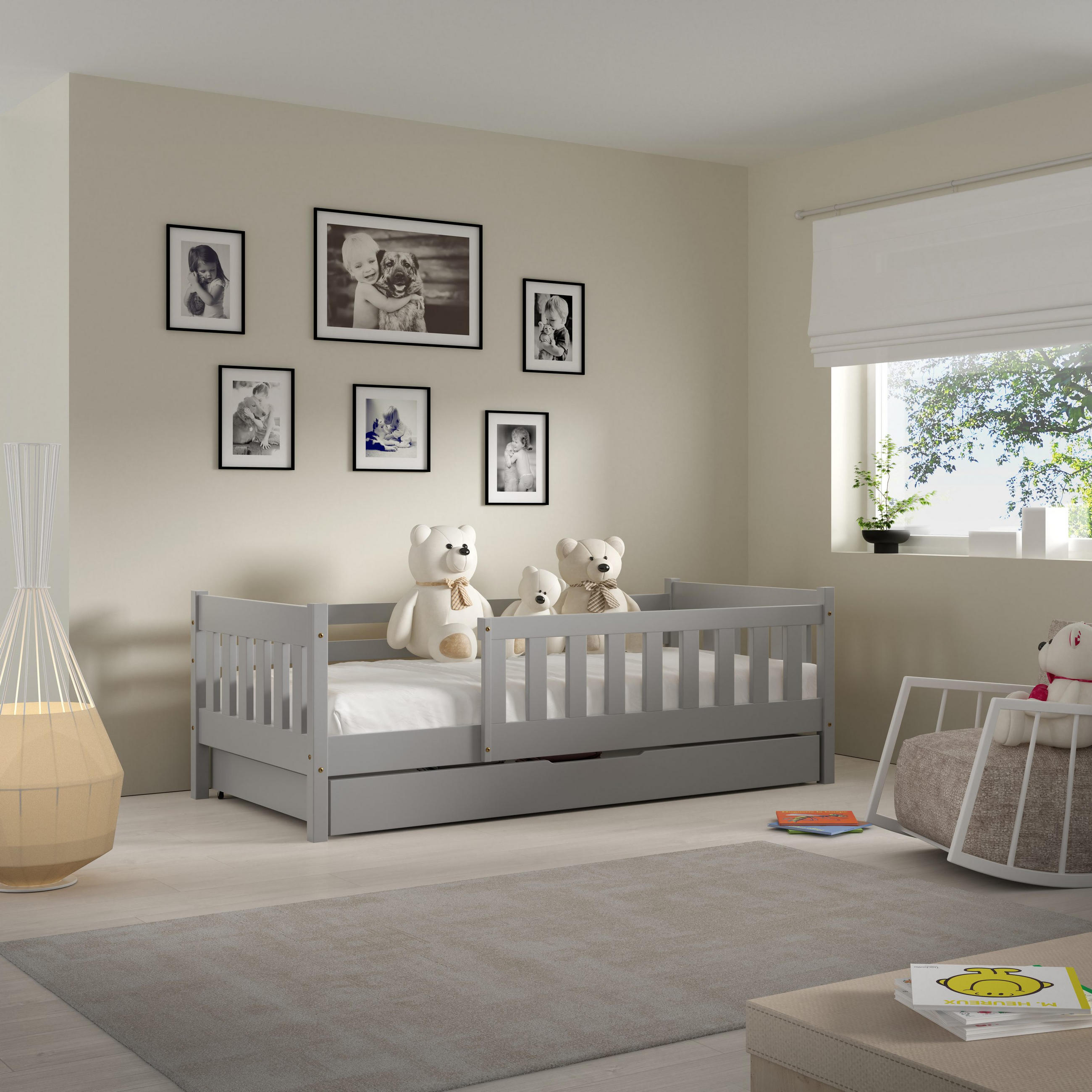 KINDERBETT ELSA mit Bettkasten 80x160 cm Hellgrau - Hellgrau, Holz (80/160cm) - MASSENO