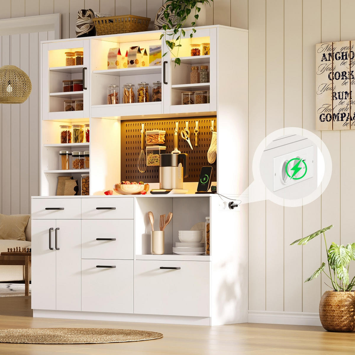 KÜCHENSCHRANKBUFFETSCHRANK MIT STECKDOSE UND LED-BELEUCHTUNG, MDF Weiß, Kaffeestation, 145/185/40 cm - Weiß, Kunststoff (40/185/145cm) - Rolipo