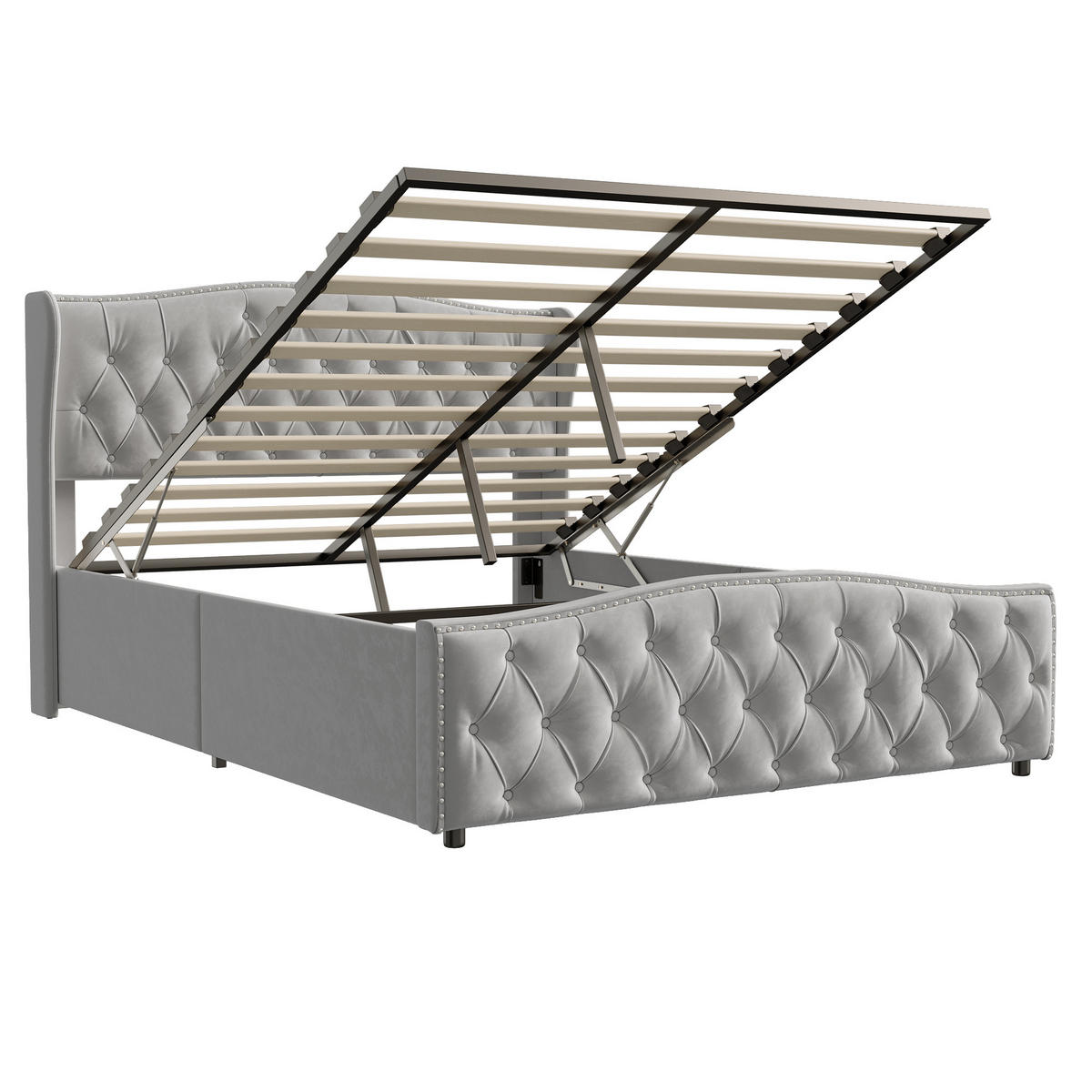 POLSTERBETT Wave-Design 140/200 cm mit Bettkasten & Nietendekor Samtstoff Grau - Grau, Textil (140/200cm) - Creahappy