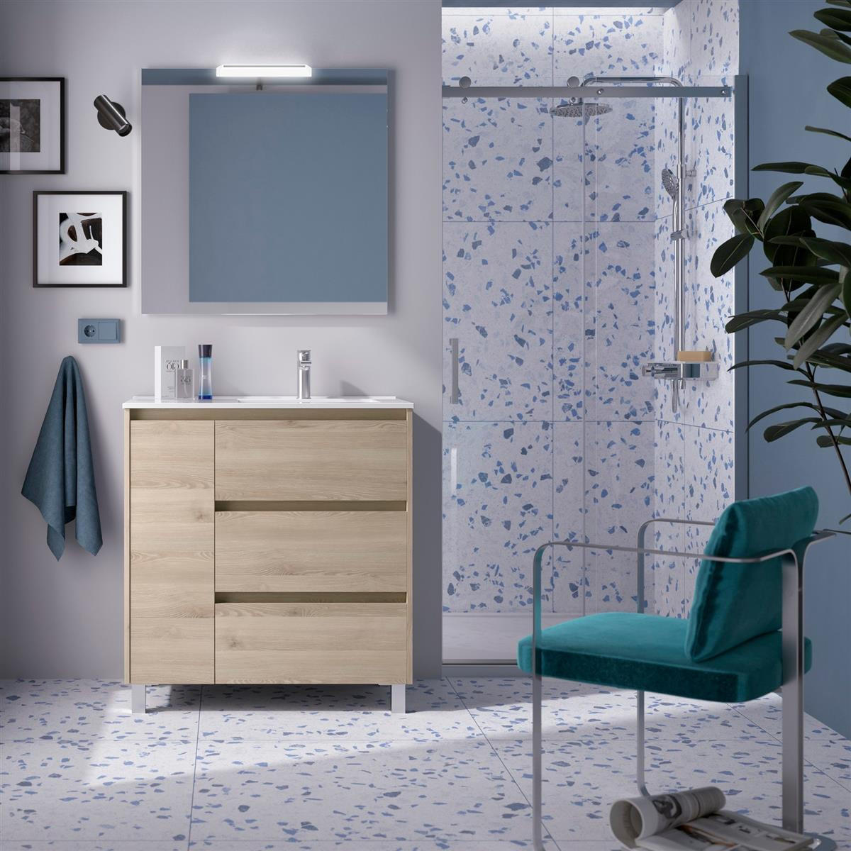NOJA Komplett-Set 850 3 Schubladen und 1 linke Tür Nature + Waschtisch + Spiegel + Leuchte - Schwarz, Metall (45/54/84.8cm) - Salgar