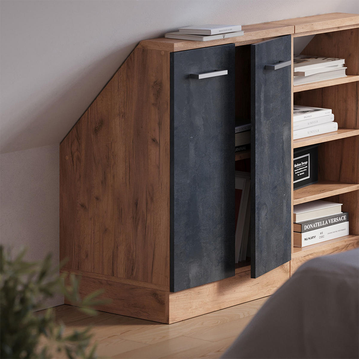 DACHSCHRÄGENSCHRANK Rion Schwarz Beton mit 2 Türen - Schwarz, Holzwerkstoff (60/81.6/46cm) - Vicco