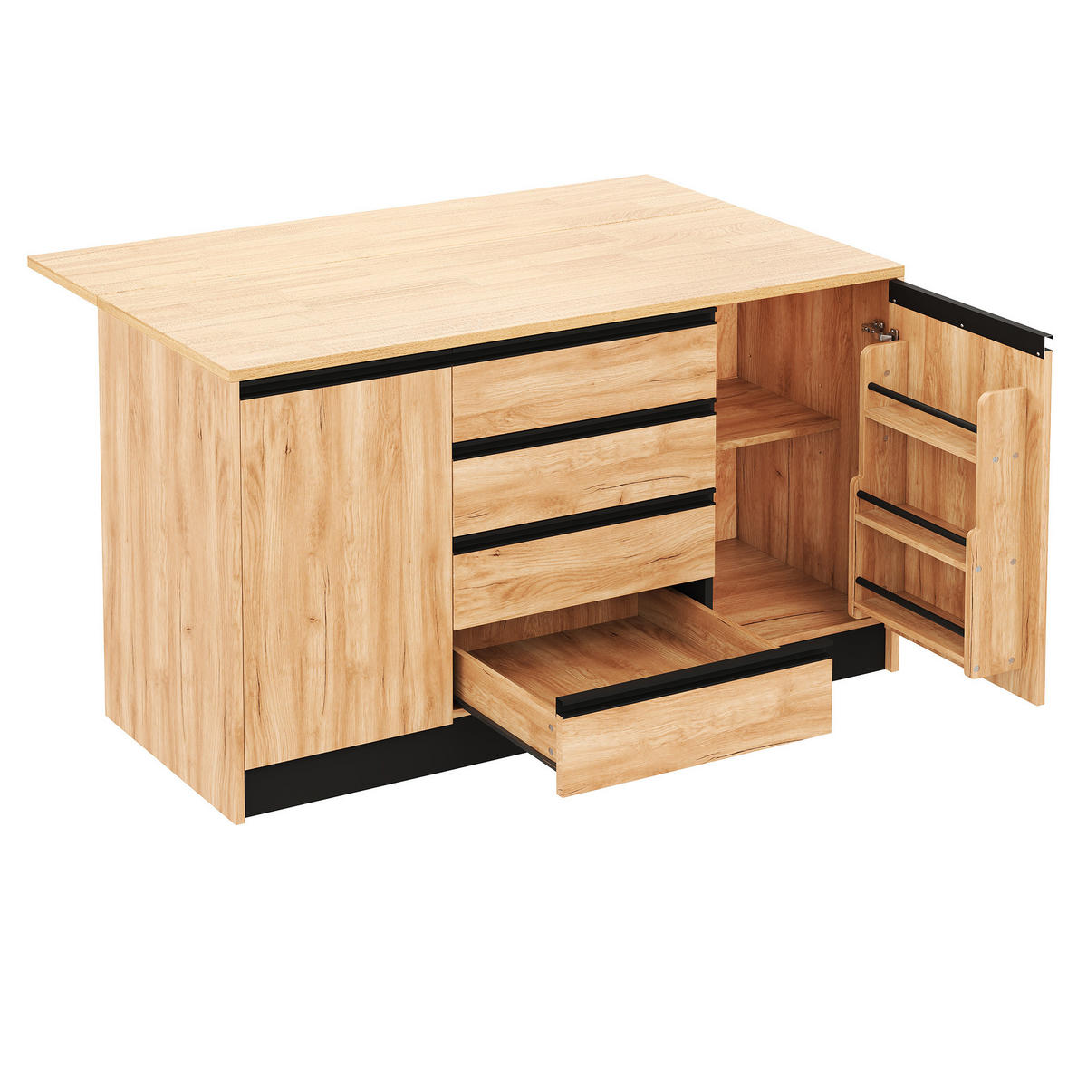 KÜCHENINSEL 140/50/90 cm Natürlich mit 4 Schubladen, ausklappbarer Arbeitsplatte und 2 Schränken - Silberfarben/Weiß, Holz/Holzwerkstoff (80/90/140cm) - Oxeza