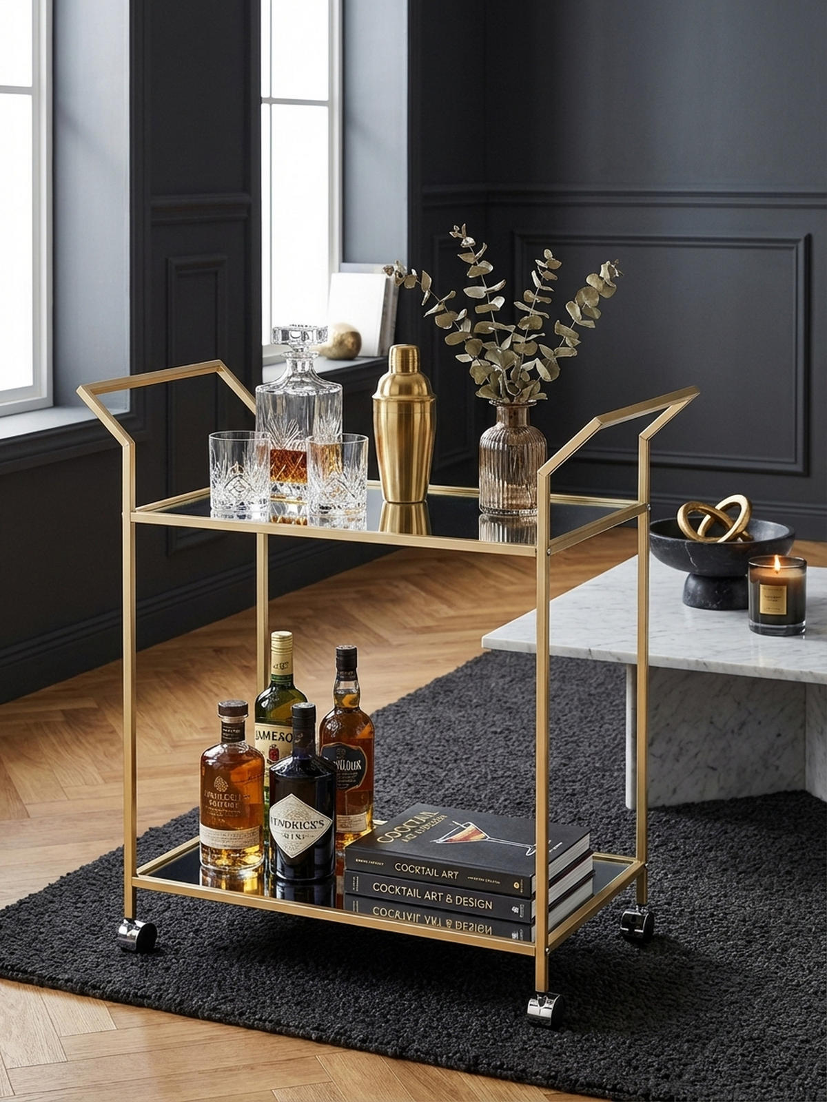 SERVIERWAGEN – Gold, Verspiegelte Ablagen, auf Rollen - Goldfarben, Glas/Metall (73/78/37cm) - KADIMA DESIGN