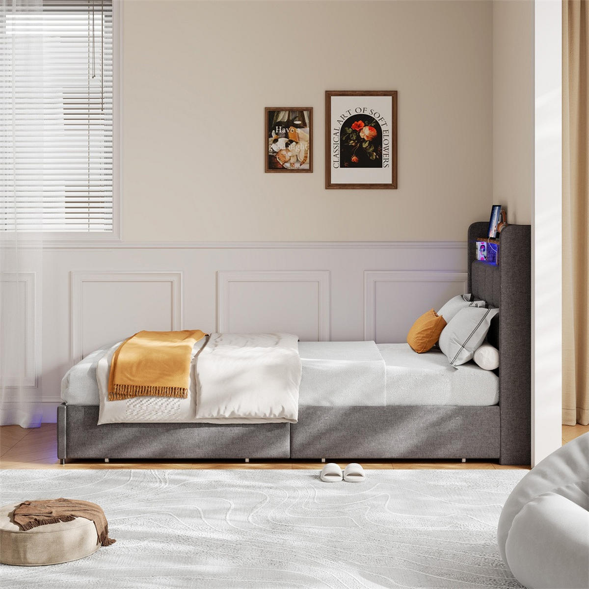POLSTERBETT 90x200cm mit 2 Schubladen - Einzelbett - RGB-LED-Beleuchtung Ladestation - ohne Matratze - Grau - Grau, Textil (90/200cm) - DELFA