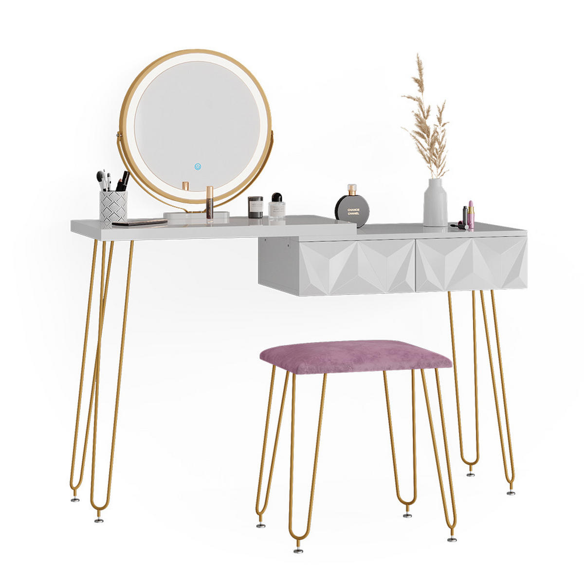 SCHMINKTISCH Bella Weiß 120 cm mit LED Beleuchtung und Hocker - Weiß, Holzwerkstoff (120/76/37cm) - Vicco