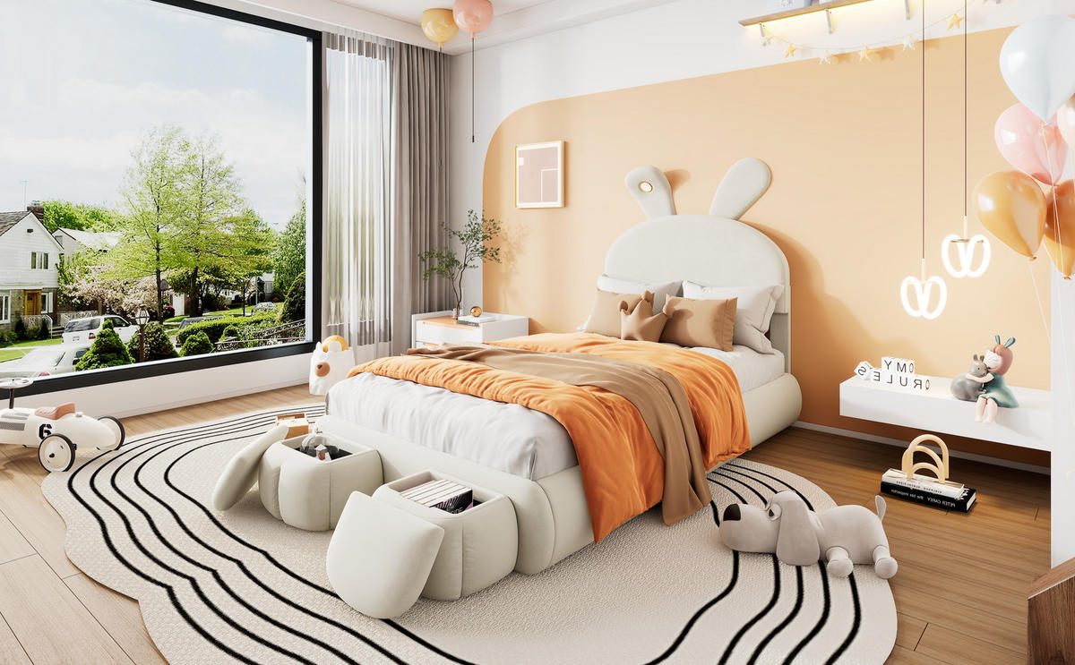 KINDERBETT 140/200 cm DE-00358, in Rosa, hydraulischem Stauraum und LED-Hasenohren - Beige, Holz (90/200cm) - ComfortXL