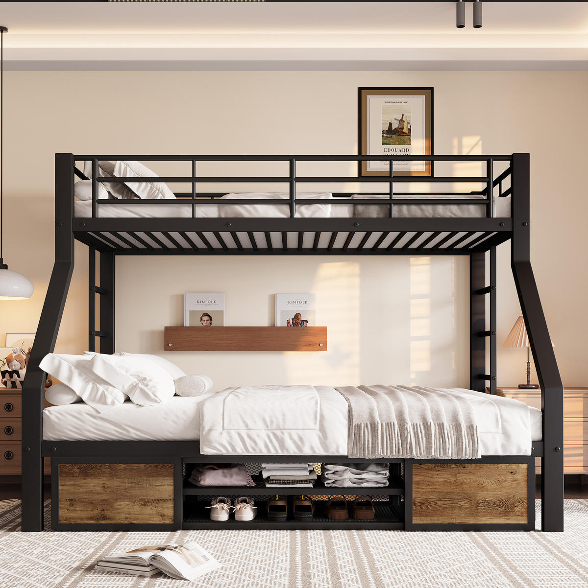 ETAGENBETT 90/200 & 140/200 cm aus Metall mit Schuhschrank und Staufächern Schwarz - Schwarz, Metall (90/200cm) - Modenvie
