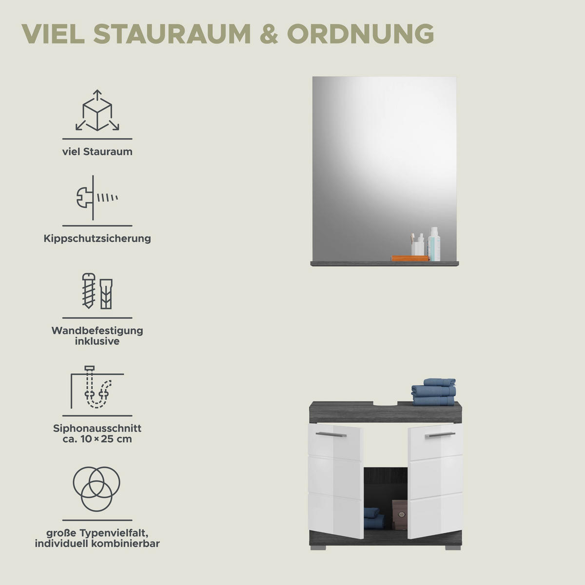 BADKOMBINATION 2tlg. Scout Bad in Rauchsilber Nachbildung und weiß hochglanz B/H/T: 60x191x34 cm - Anthrazit, Holz (60/191/34cm)