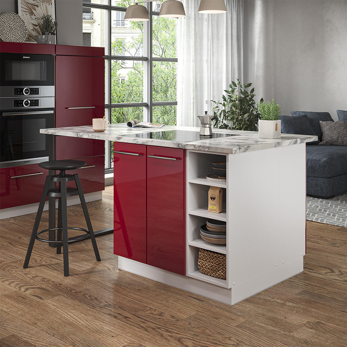 KÜCHENINSEL Fame-Line Bordeaux Hochglanz/Weiß 90 cm ohne AP - Bordeaux/Weiß, Holzwerkstoff (90/82/82cm) - Vicco