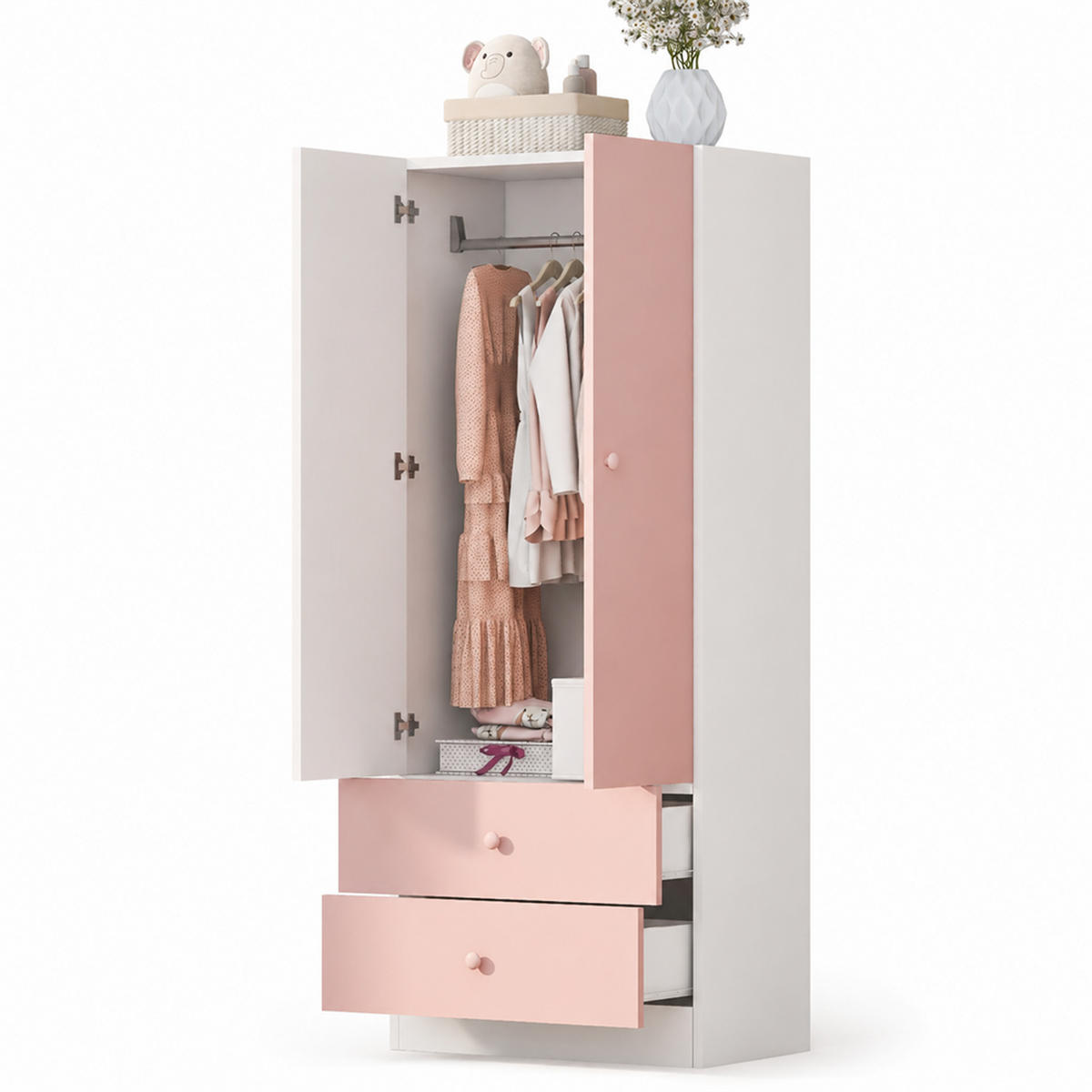 KLEIDERSCHRANK mit 2 Türen & 2 Schubladen und rosa Griffen 70x40x170 cm - Farbblock-Design - Rosa & Weiß - Pink, Holzwerkstoff (70/170/40cm) - DELFA