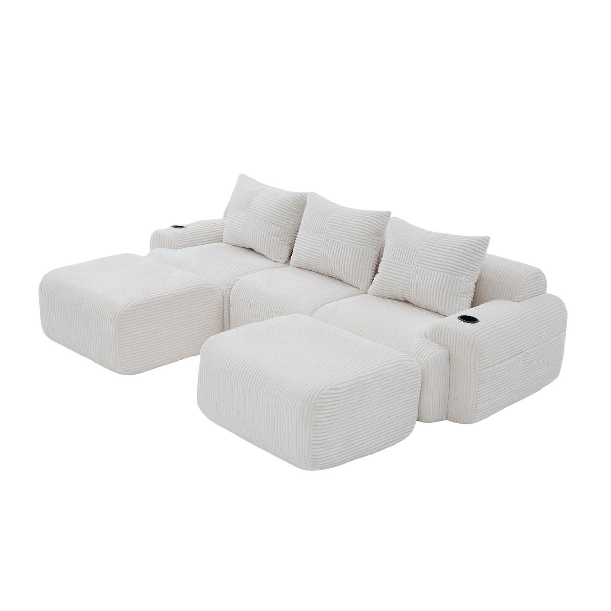 3-SITZER Wohnlandschaft Cord mit 2 Hockern Getränkehalter und Seitentasche 268/174/80 cm Beige - Beige, Textil (174/80/268cm) - Redom