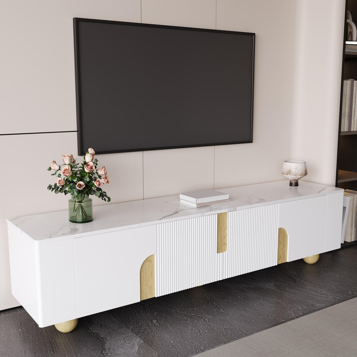TV-ELEMENT180X40X44CM Weiß-Holzfarbe Marmoroptik-Oberfläche 4-Türen - Weiß, Holz (43.99/35.18/50.8cm) - Raelunyi