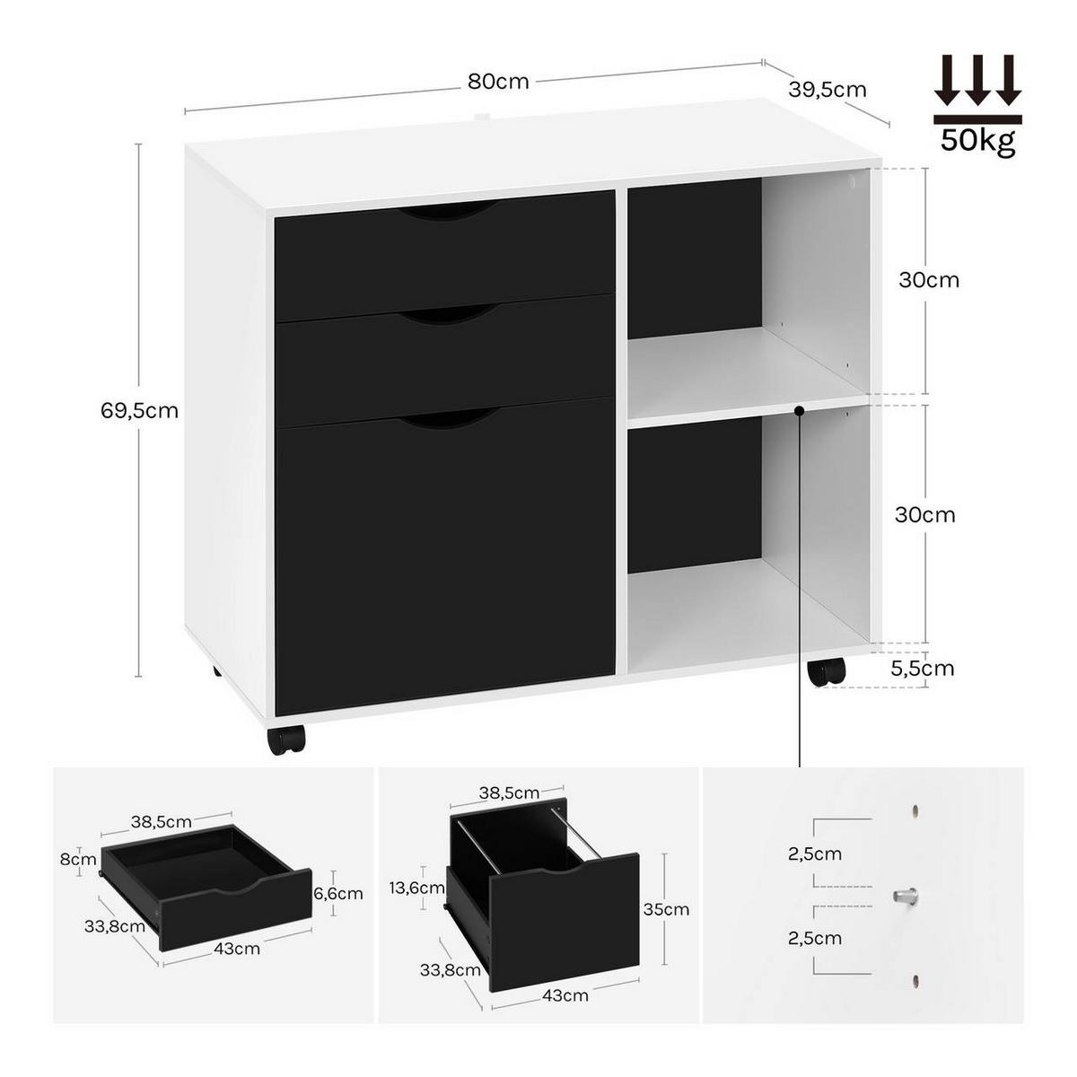 ROLLCONTAINER mit 3 Schubladen,5 Rollen, Weiß+Schwarz - Schwarz/Weiß, Holzwerkstoff (80/69.5/39.5cm) - Woltu