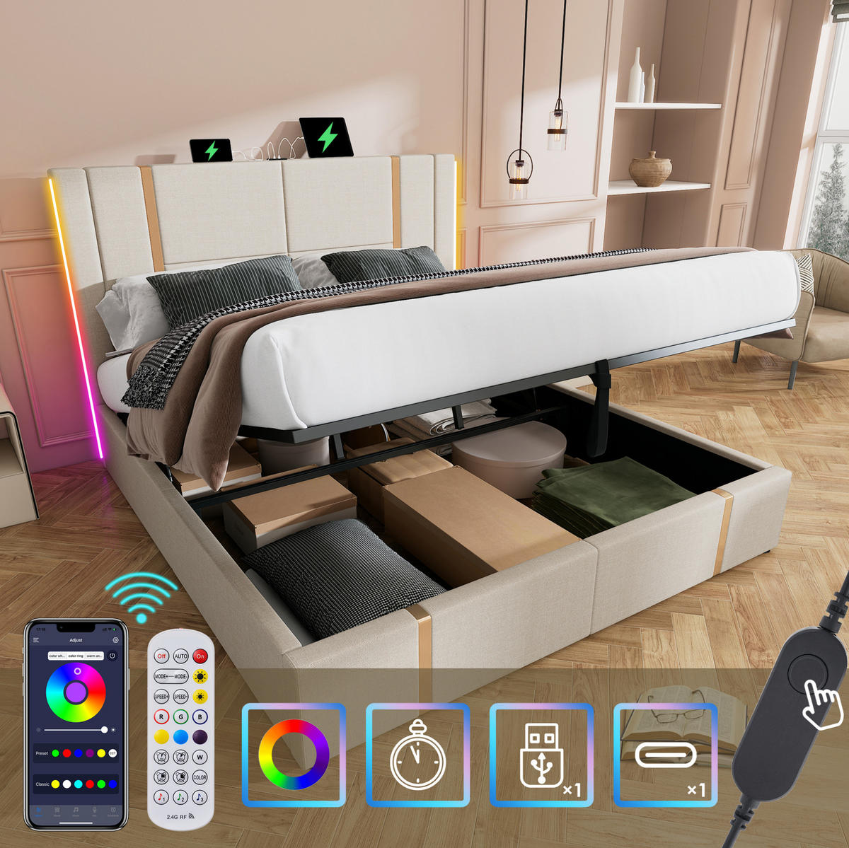 ČALOUNĚNÁ lněná postel 140/200 cm s USB, portem Type-C, RGB LED a hydraulickým úložným prostorem, Béžová - béžová, textil (140/200cm) - Redom