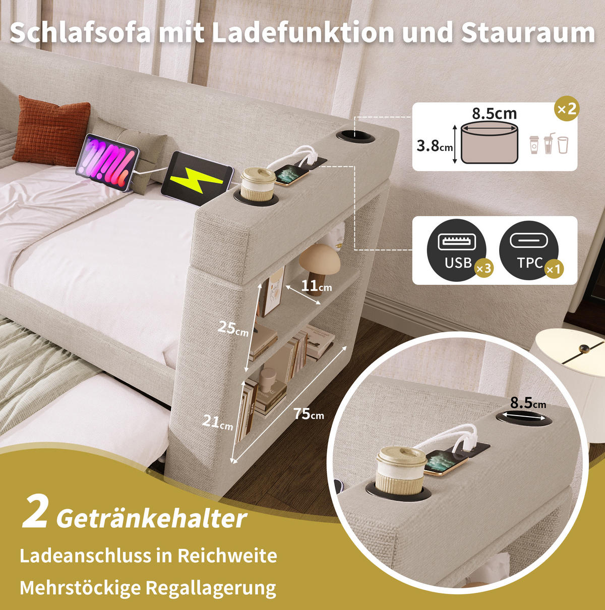 POLSTERBETT 90/200 cm mit Ausziehbett, USB- und Type-C-Anschluss, Getränkehaltern und Baumwoll-Leinen-Bezug, Beige - Grau, Textil (90/200cm) - Redom