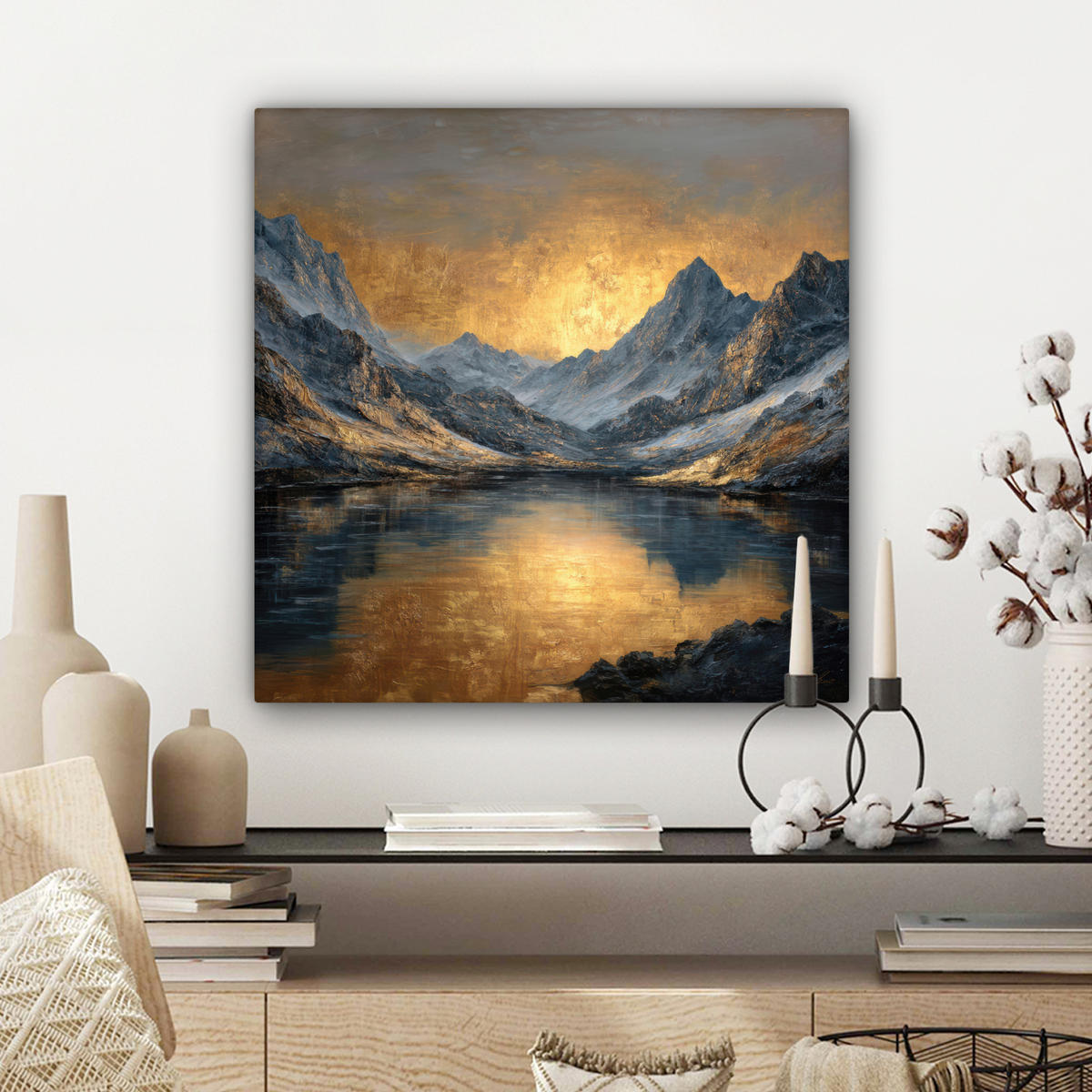 LEINWANDBILD Bergkulisse mit goldenem Sonnenuntergang Wandbild Wohnzimmer 50x50 cm - Goldfarben, Textil (50/50cm) - MuchoWow