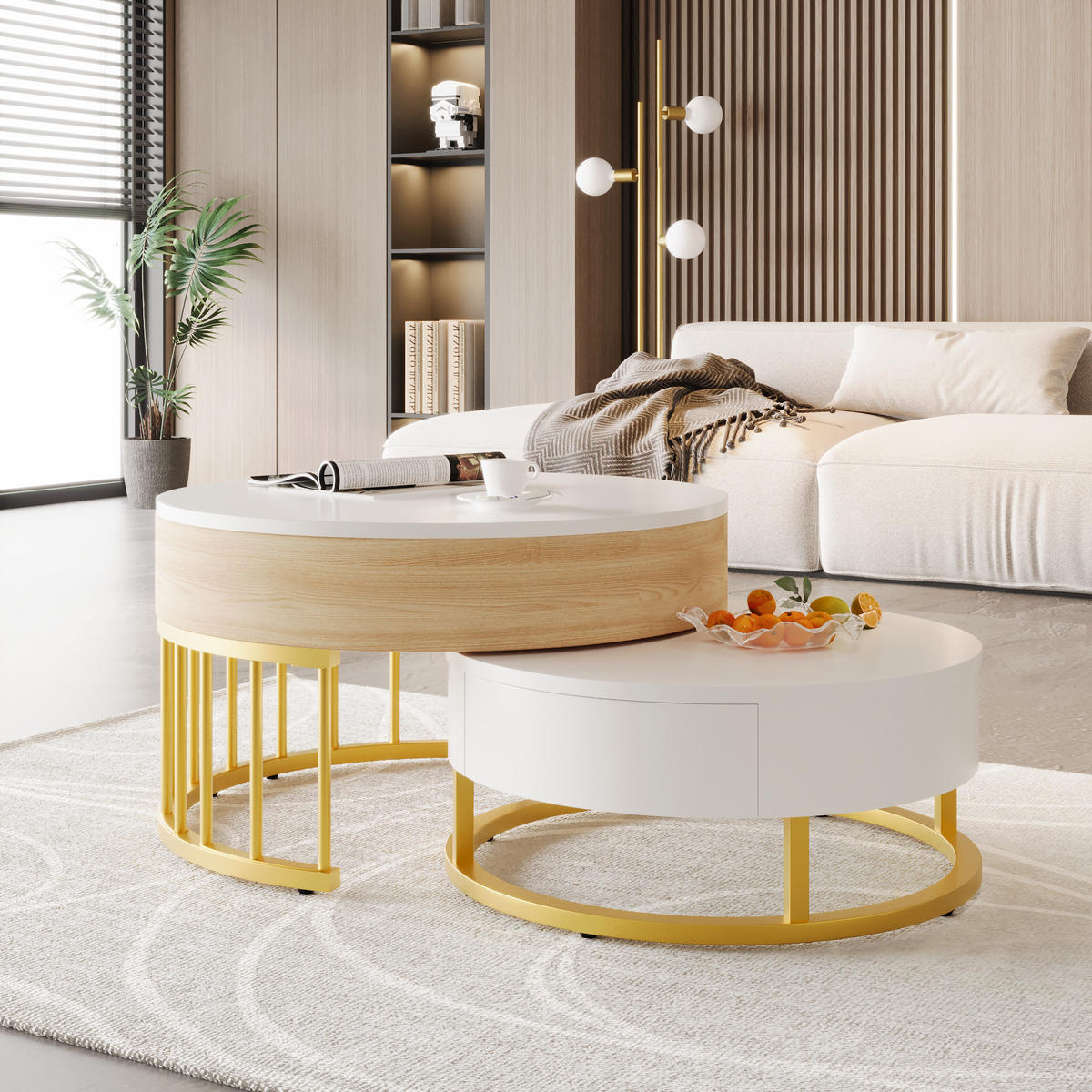 COUCHTISCH rund höhenverstellbar Goldgestell - Weiß, Holz (70/70/56cm) - LEBENLANG