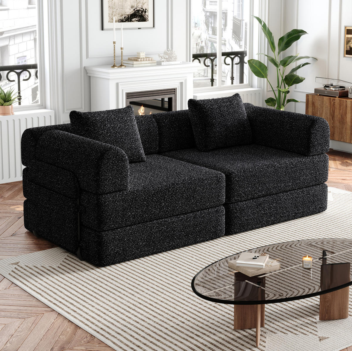 SCHLAFSOFA 2-in-1, Chenille mit Armlehnen-Staufach & Stahlrahmen, 183,8/181,6/49,5 cm, Schwarz - Schwarz, Textil (183.8/49.5/181.6cm) - Redom