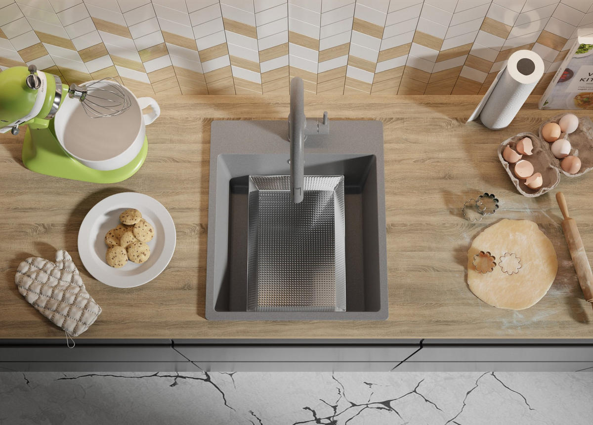 SPÜLBECKEN Riga, 2-er set Grau 43/50 cm 1 Becken + Ablauf-Set ab 45er Unterschrank - Grau, Kunststoff (43/20/50cm) - Primagran