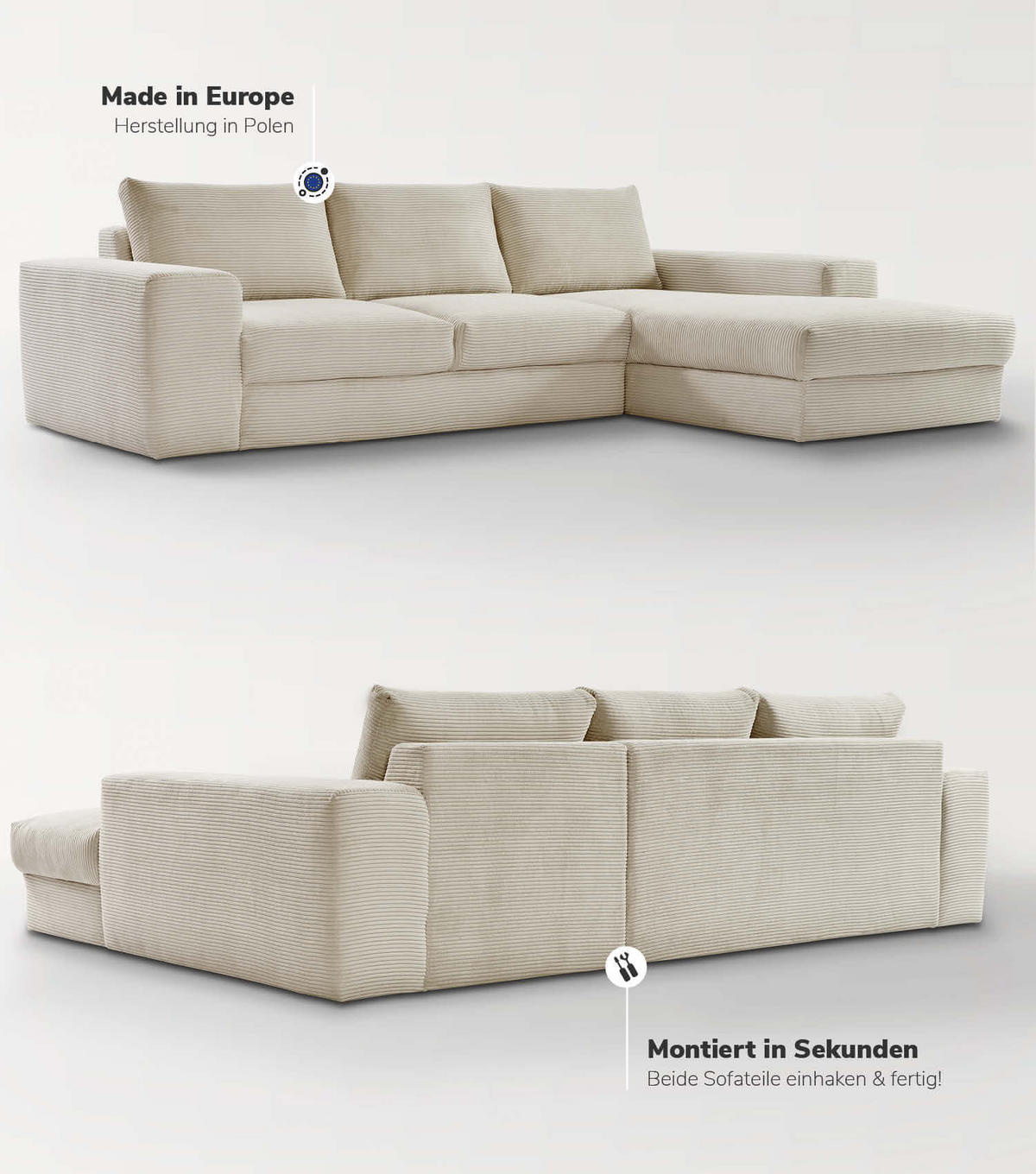 ECKSOFA Der Klassiker Recamiere rechts - Beige, Textil (280/190cm) - Mokebo