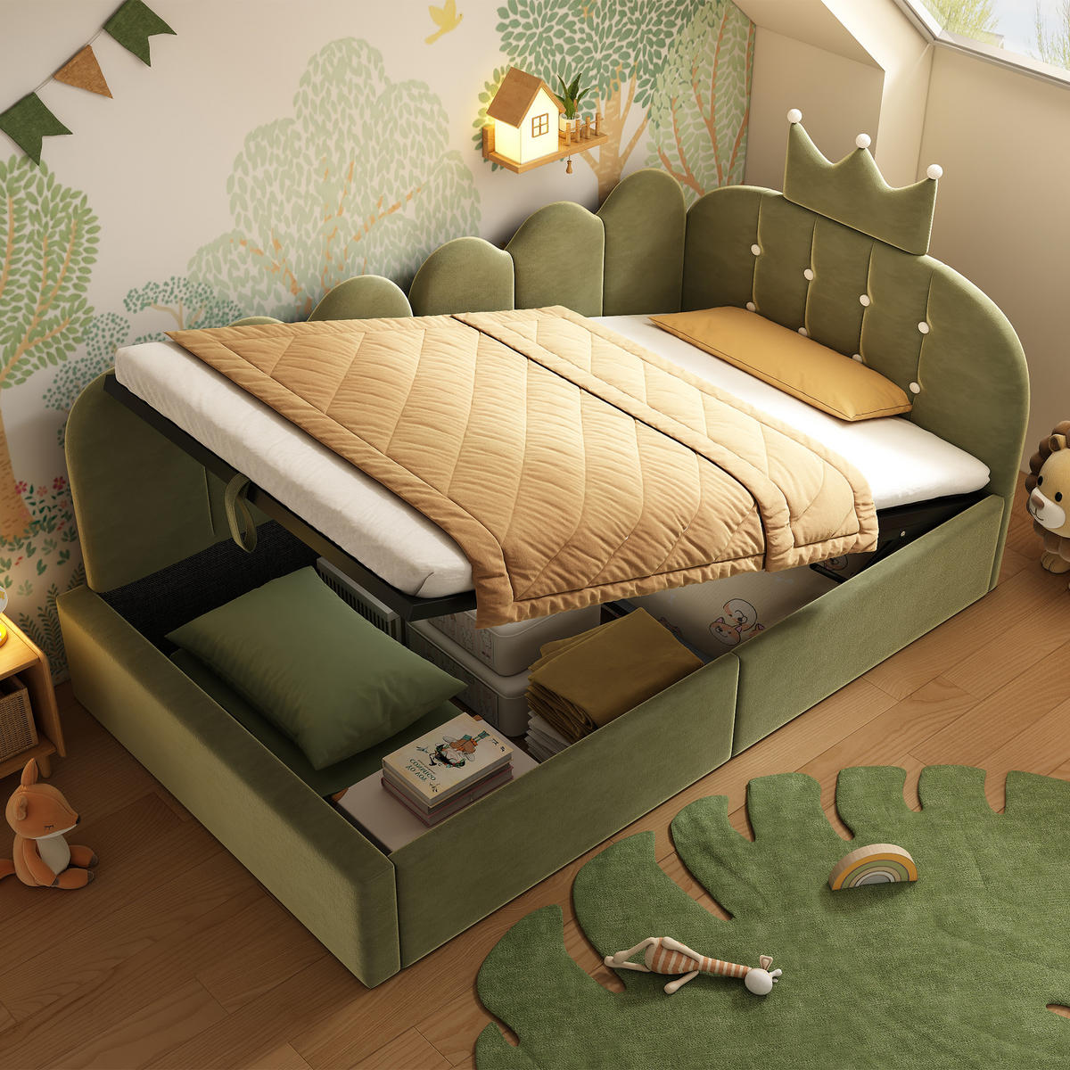 POLSTERBETT 90/200 cm mit hydraulischem Stauraum und Kronen-Gitter-Design, Grün - Grün, Holz (90/200cm) - Redom