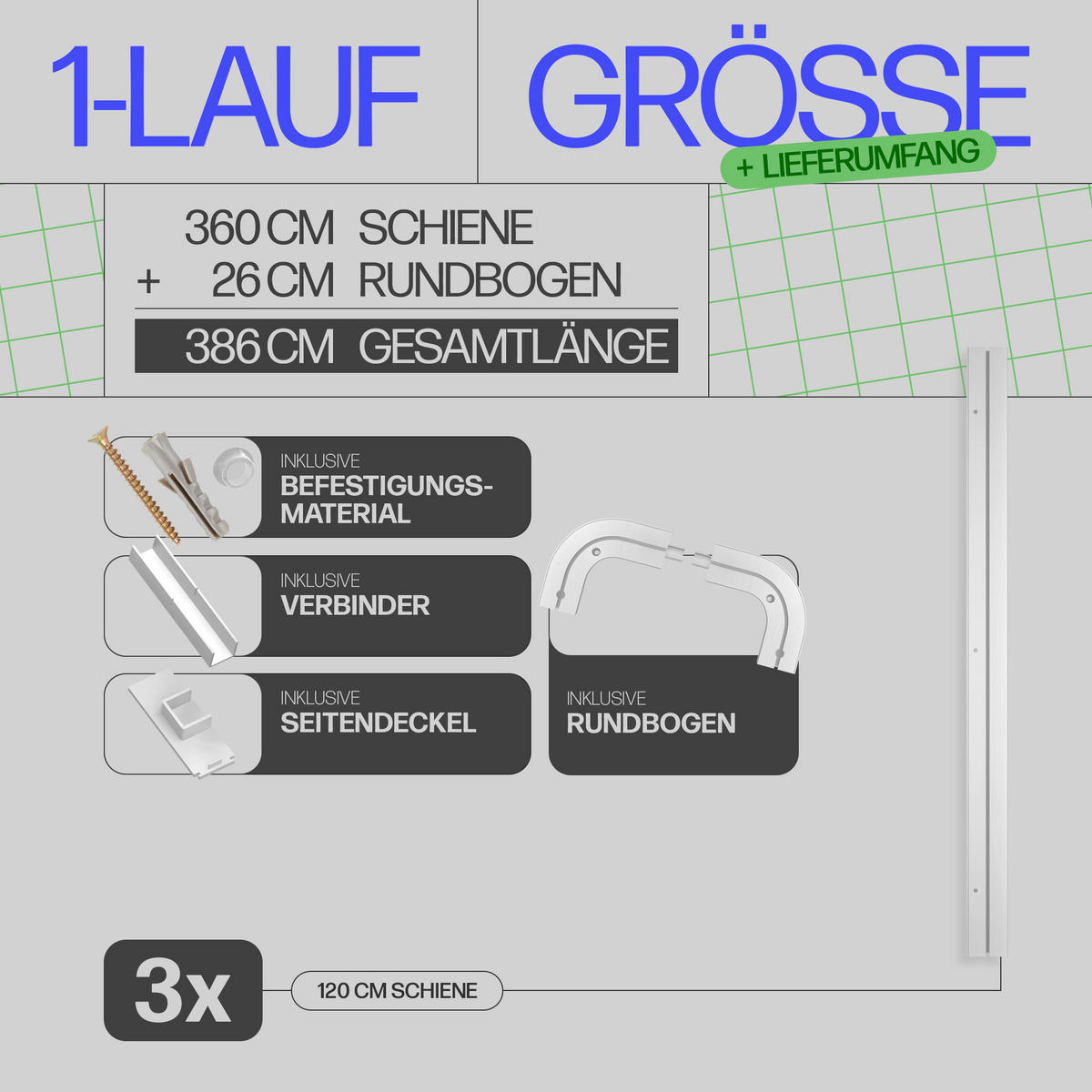 GARDINENSCHIENE - Komplettset inkl. Zubehör 360cm (3x120cm) 1-läufig + 2er Set Rundbogen - Weiß, Kunststoff (6/360cm) - Bestlivings